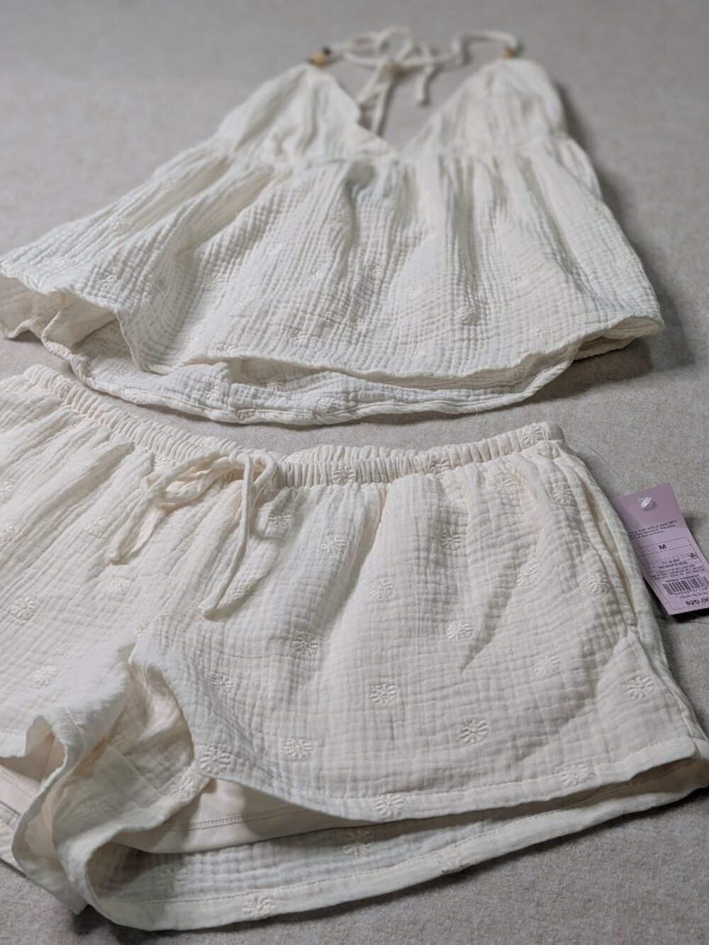 Bohemian Off-White Halter Tank and Shorts Two Piece Set 100% Cotton
